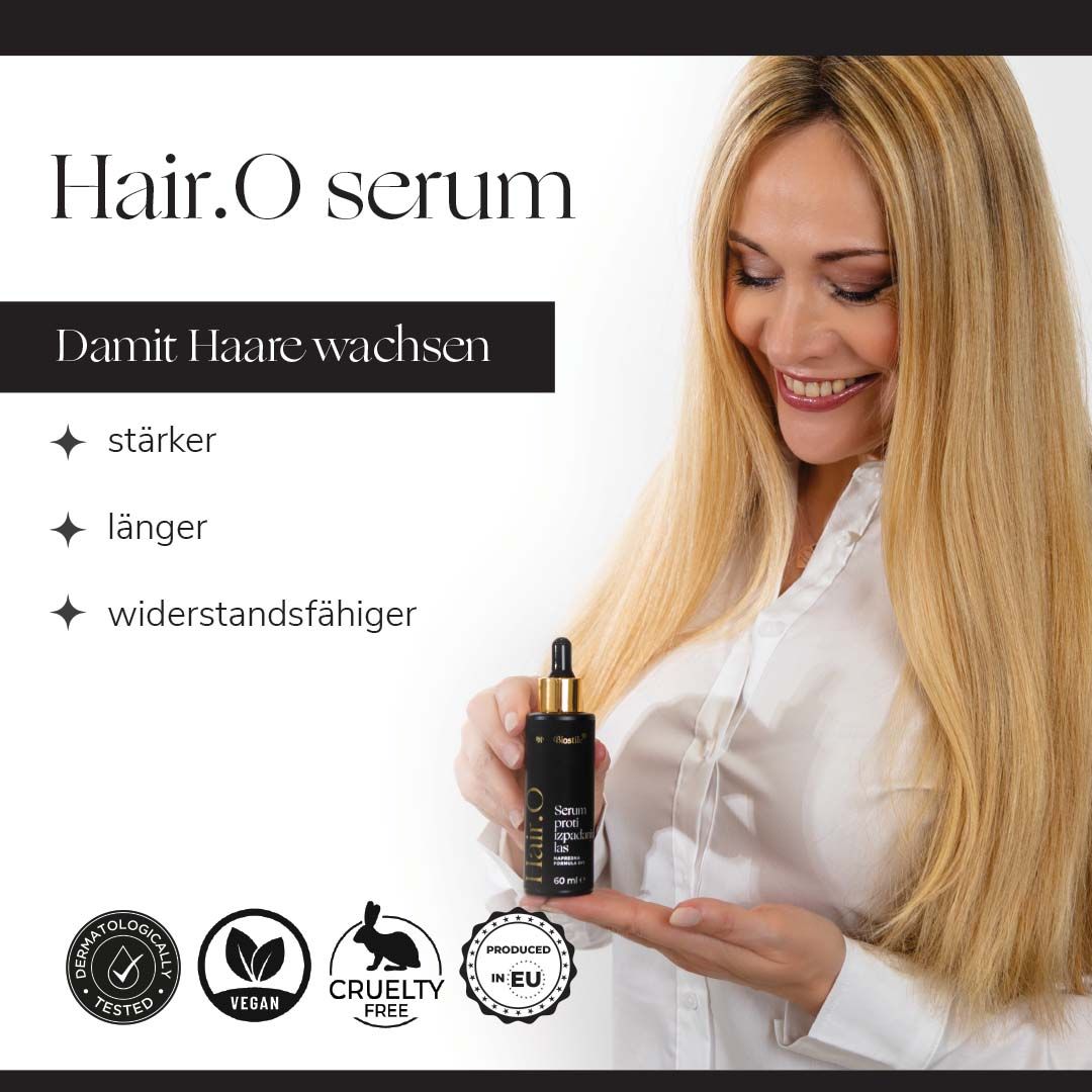Frau hält Flasche Serum. Text: stärker, länger, widerstandsfähiger. Logos: Dermatologisch getestet, Vegan, Cruelty Free, EU-Produziert.