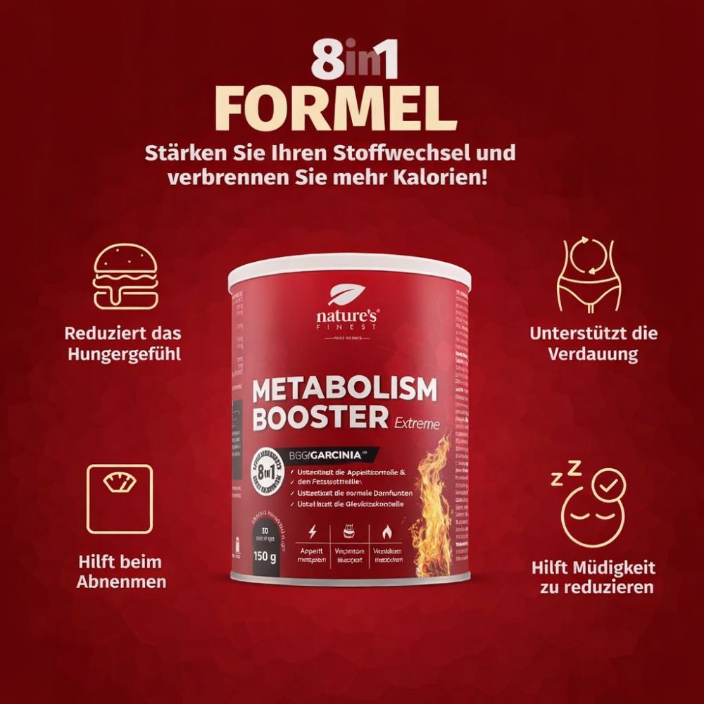 Dose Nature's Finest Metabolism Booster Extreme mit 8in1 Formel und Icons für Stoffwechsel.