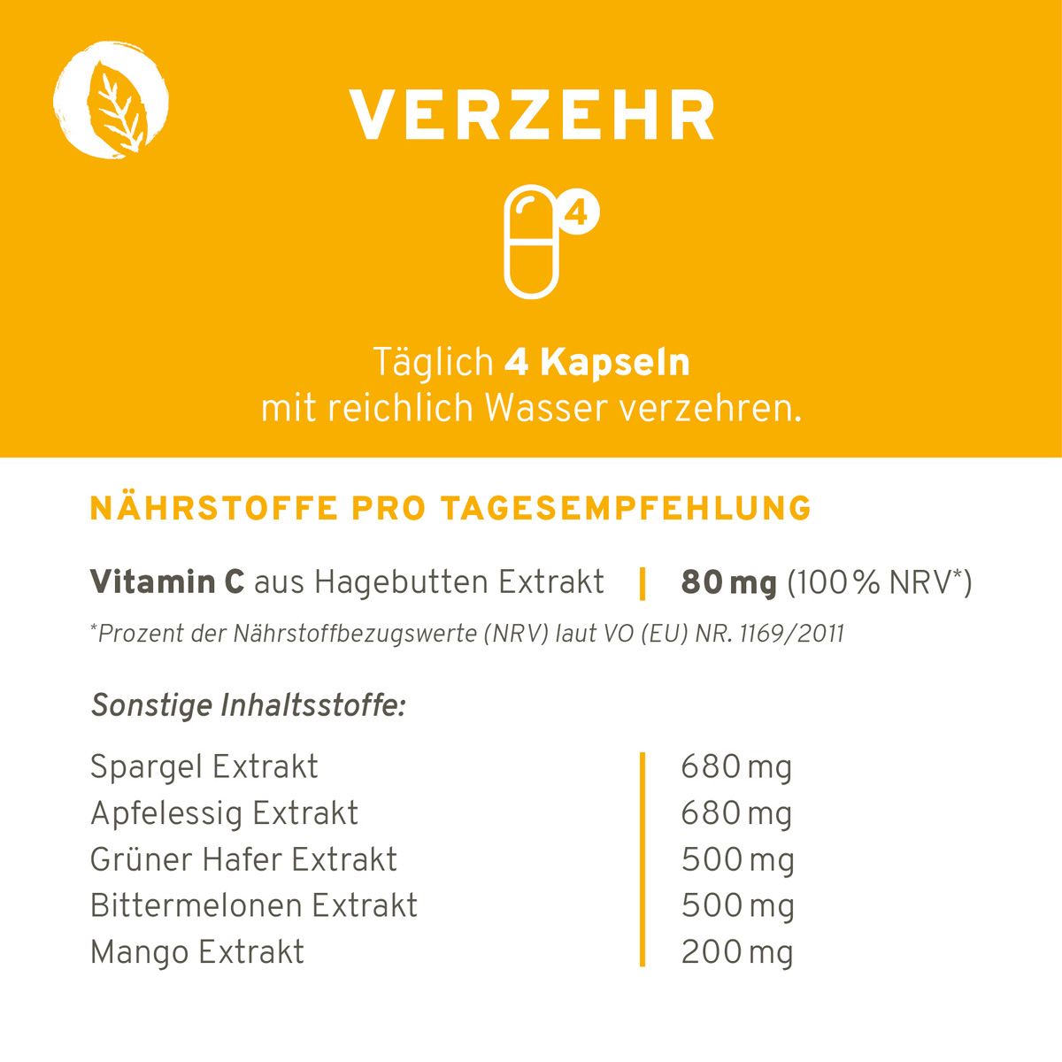 Text mit Nährwertangaben: Vitamin C aus Hagebutten Extrakt, 80 mg.
