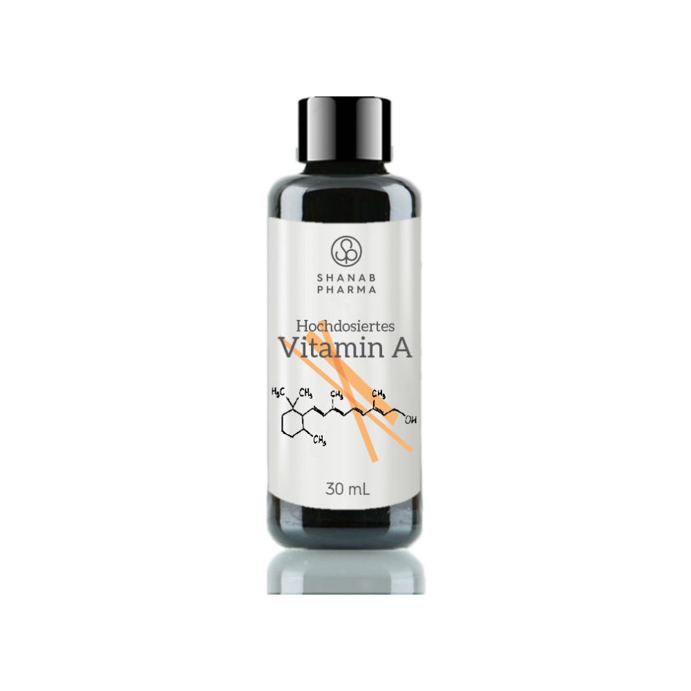 Braune Flasche mit schwarzem Deckel. Aufschrift: SHANAB PHARMA, Hochdosiertes Vitamin A, 30 ml. Chemische Formel und orangefarbene Linien.