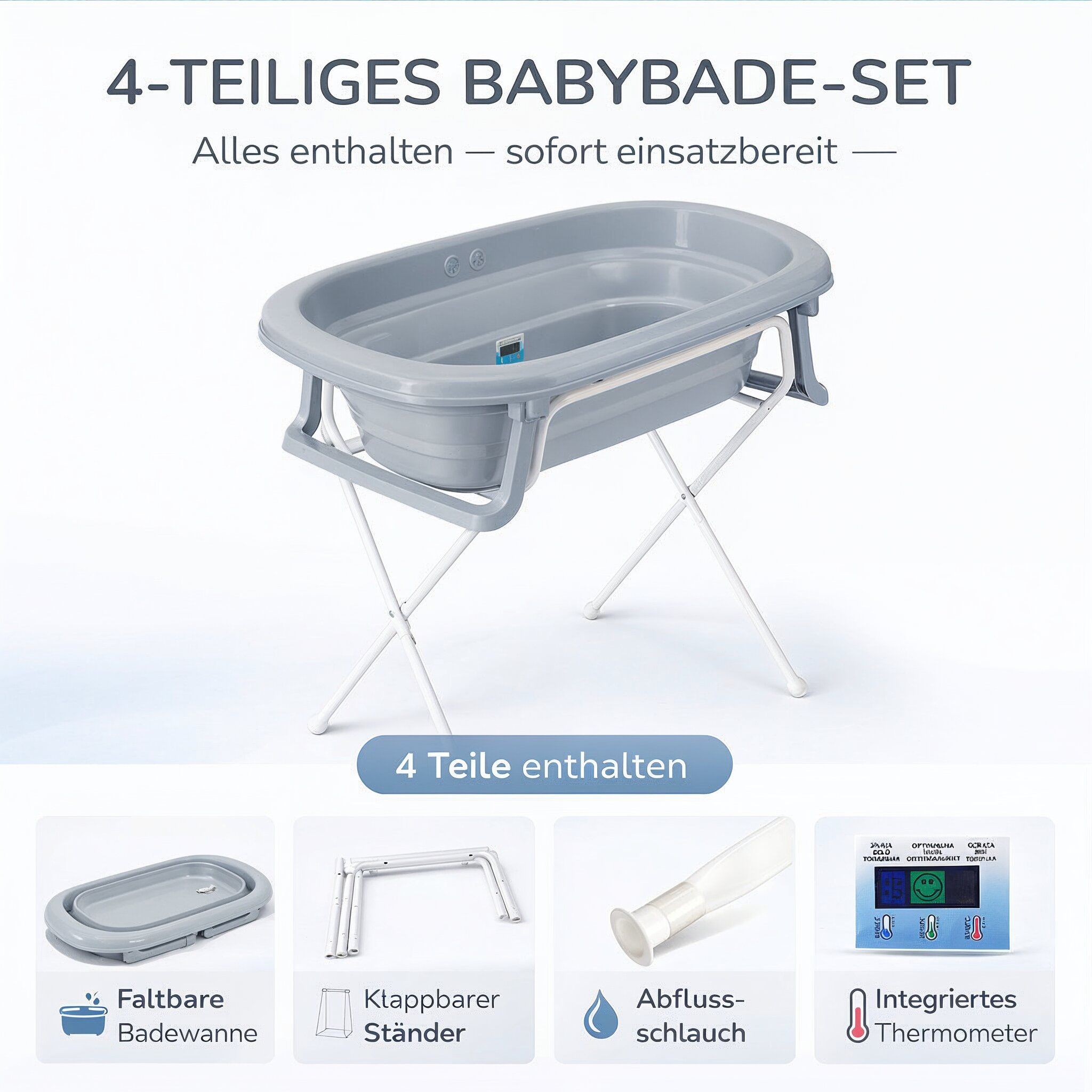 Baby Badewanne faltbar mit Ständer - Babywanne + Ständer + Abflussschlauch + Thermometer