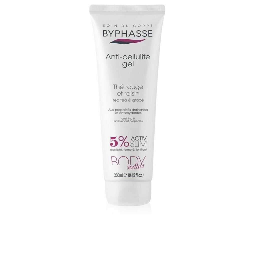 Weiße Tube mit Aufschrift BYPHASSE Anti-Cellulite Gel, roter Tee & Traube. Activ Slim 5%. BODY secret.