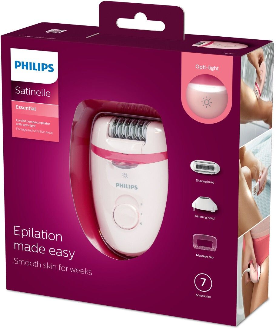 Verpackung Philips Satinelle Essential Epilierer. Pinkes Gerät mit Zubehör, Opti-light-Funktion. 7 Zubehörteile.