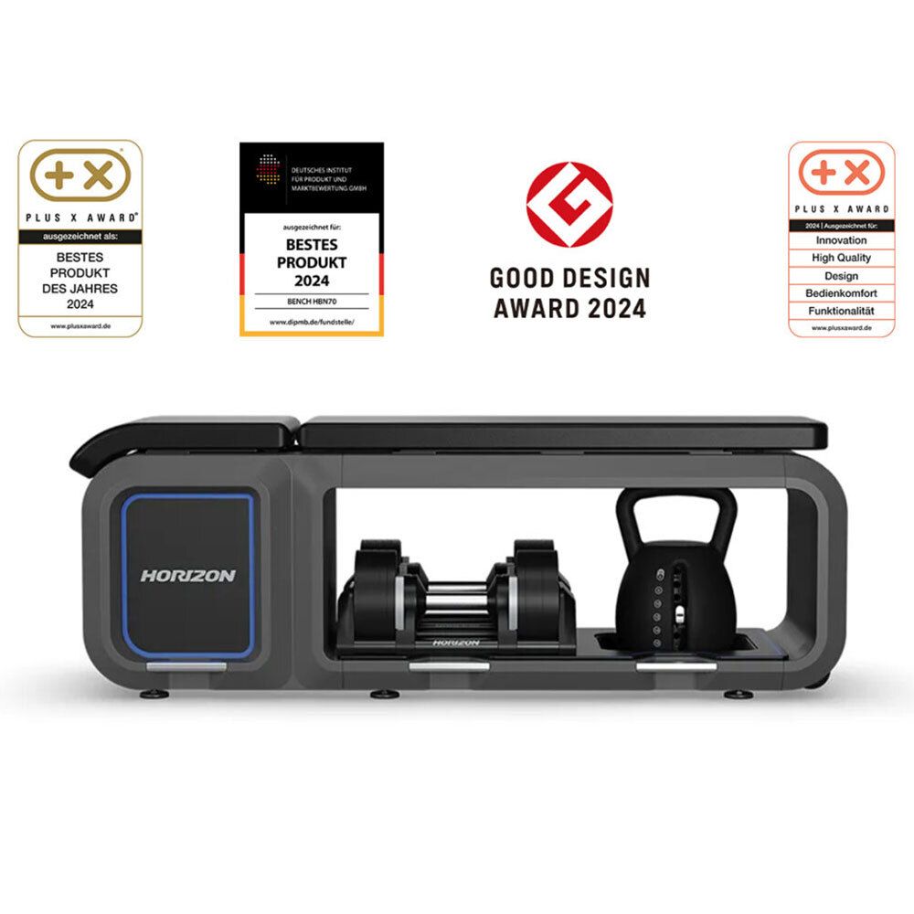 Fitnessbank mit Auszeichnungen. Logo Horizon. Hanteln, Kettlebell. Auszeichnungen: Bestes Produkt 2024, Good Design Award.