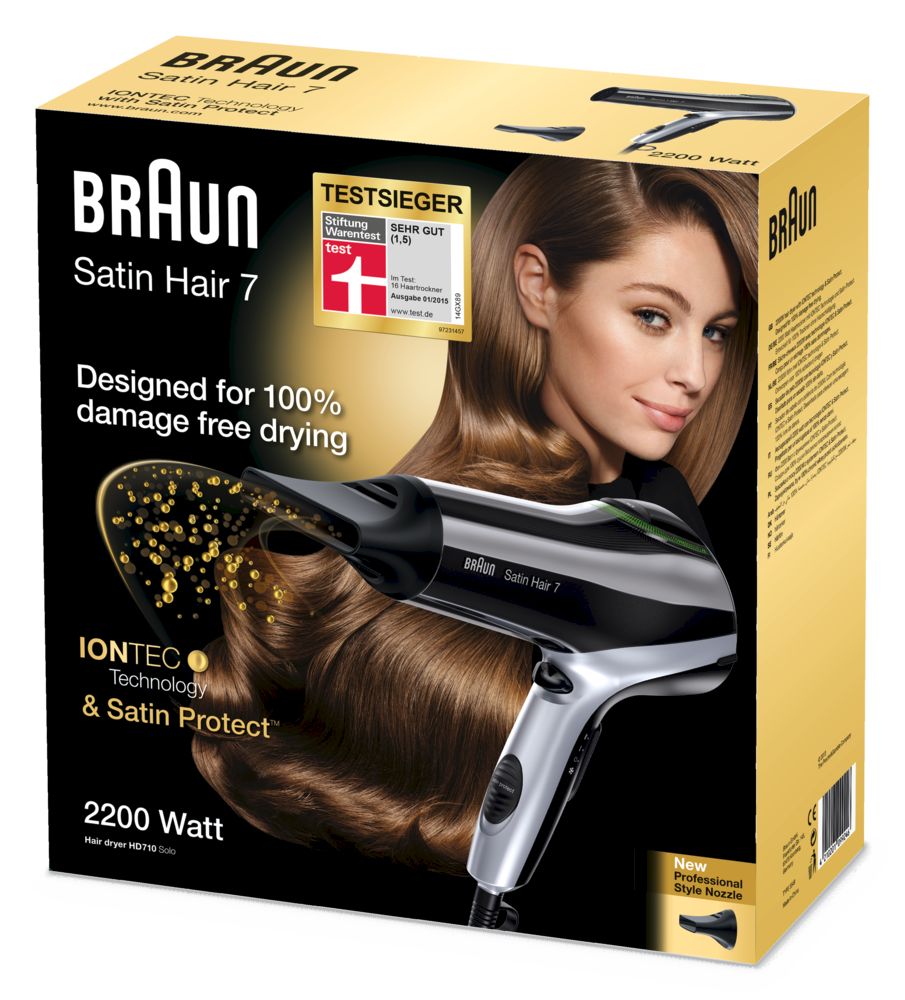 Verpackung Braun Satin Hair 7. Haartrockner-Abbildung, Frau mit Haaren. Text: IONTEC, Satin Protect, 2200 Watt, Testsiegel.