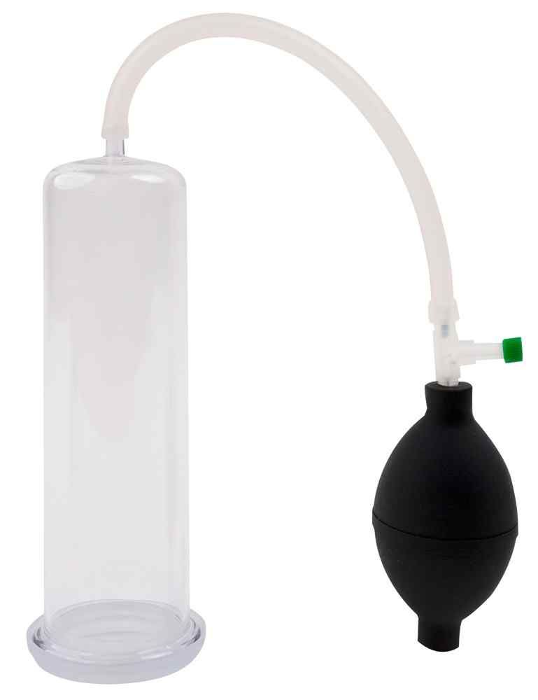 Transparenter Zylinder mit schwarzem Ball, Schlauch und grünem Ventil. Basis. Transparenter Zylinder.