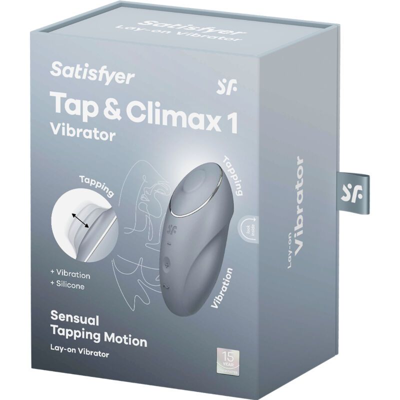 Verpackung von Satisfyer Tap & Climax 1. Graue Box mit Produktabbildung und Text. SF-Logo sichtbar.