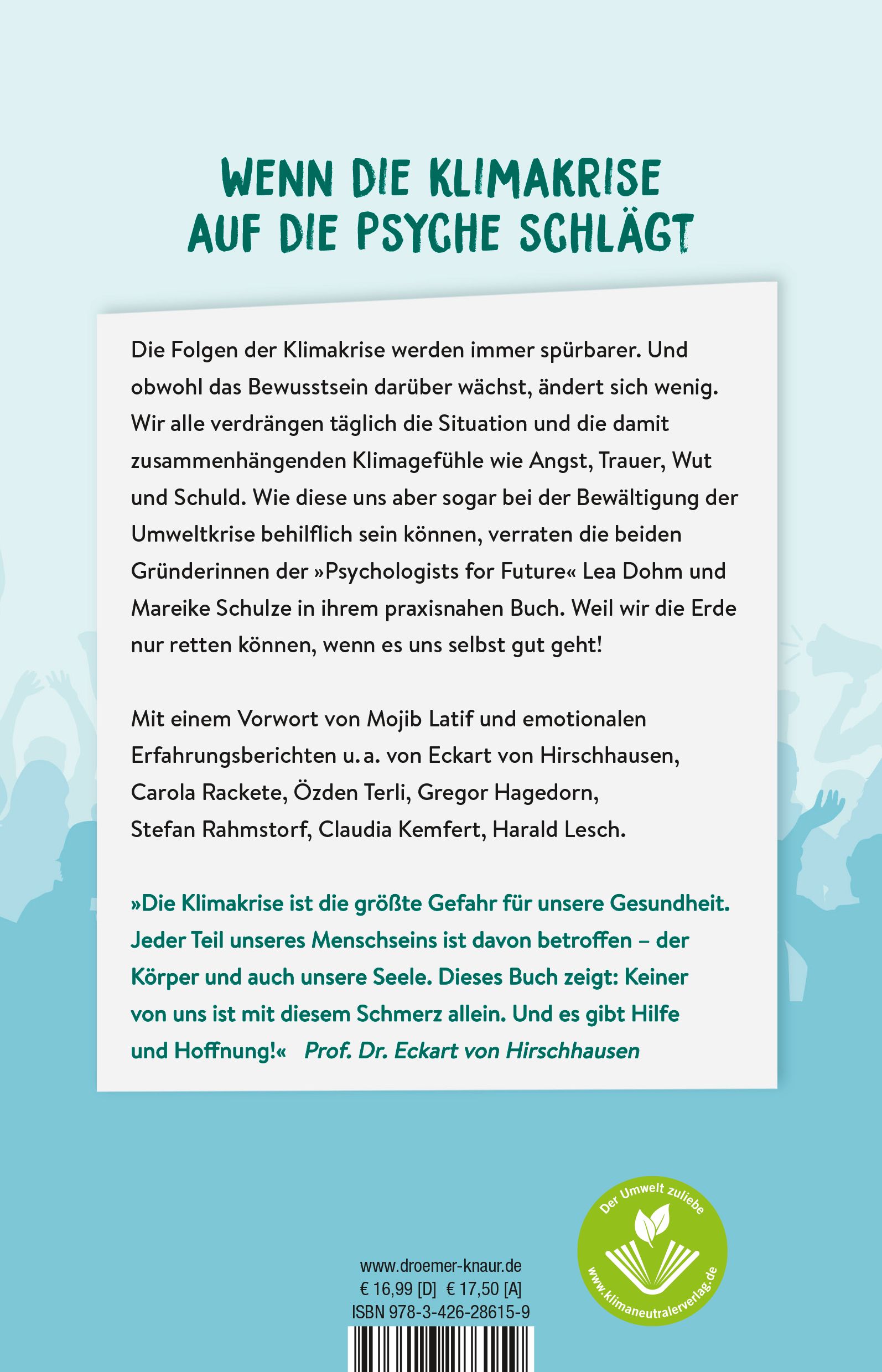 Buchrückseite mit Text über Klimakrise und Psychologie. Autoren, Zitat von Eckart von Hirschhausen.