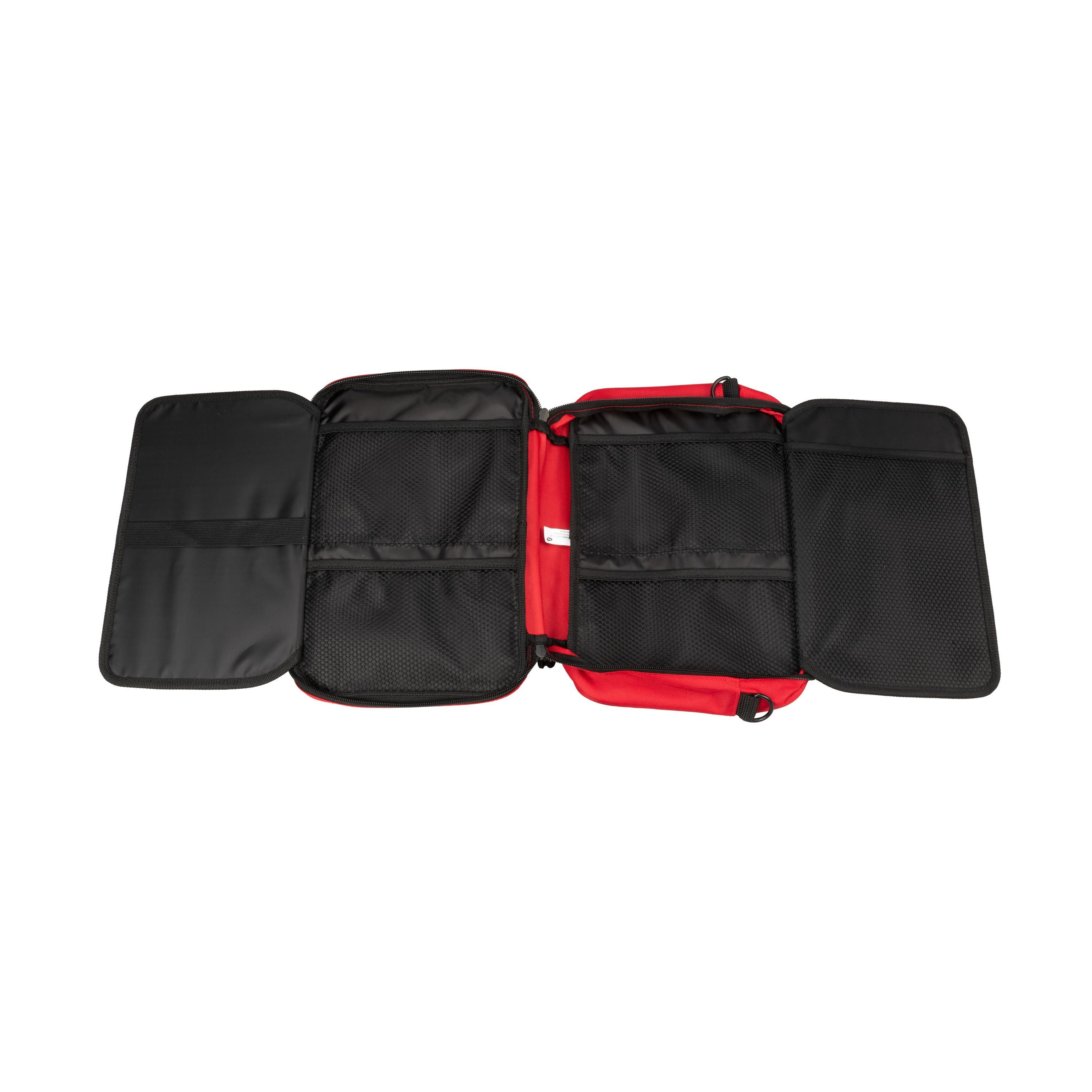 Geöffnete rote Erste-Hilfe-Tasche. Innenaufteilung mit Fächern. Schwarze Innenseiten. Roter Mittelteil. Ohne Inhalt.