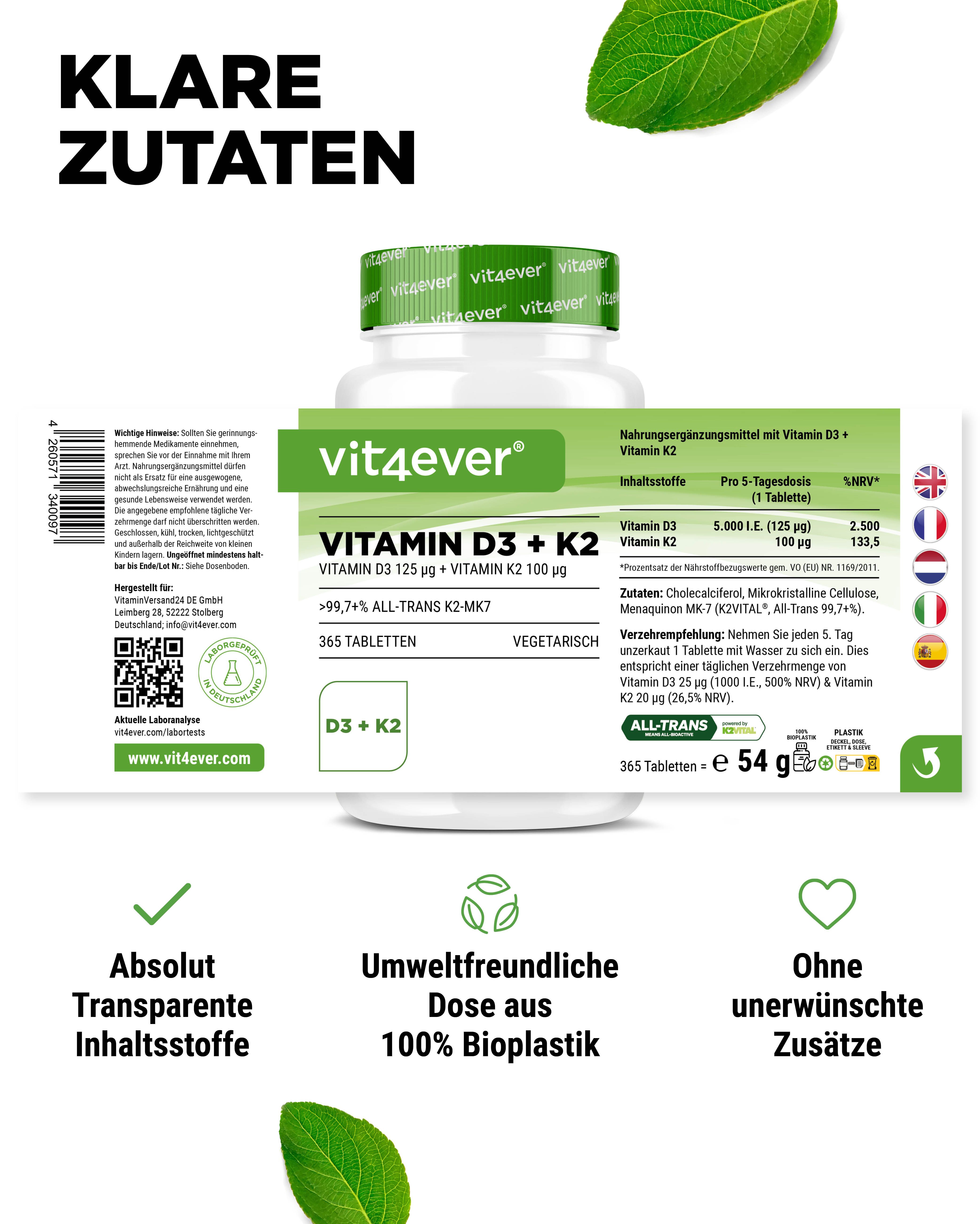 Weiße Flasche mit grünem Deckel. Aufschrift: Vitamin D3 + K2. Text: Klare Zutaten. Nährwertangaben auf der Rückseite.