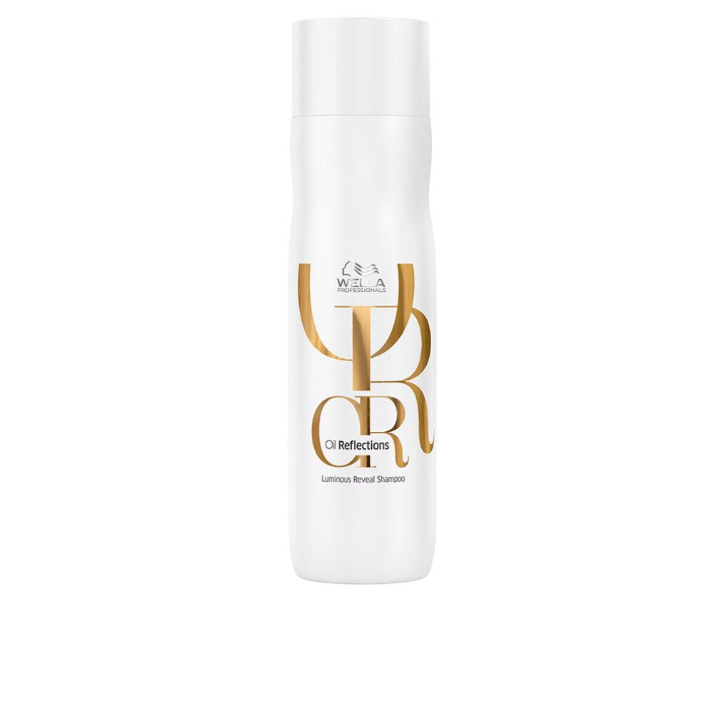 Weiße Flasche mit goldfarbenem Schriftzug. Oben: Wella Logo. Darunter: OR, Oil Reflections. Text: Luminous Reveal Shampoo.
