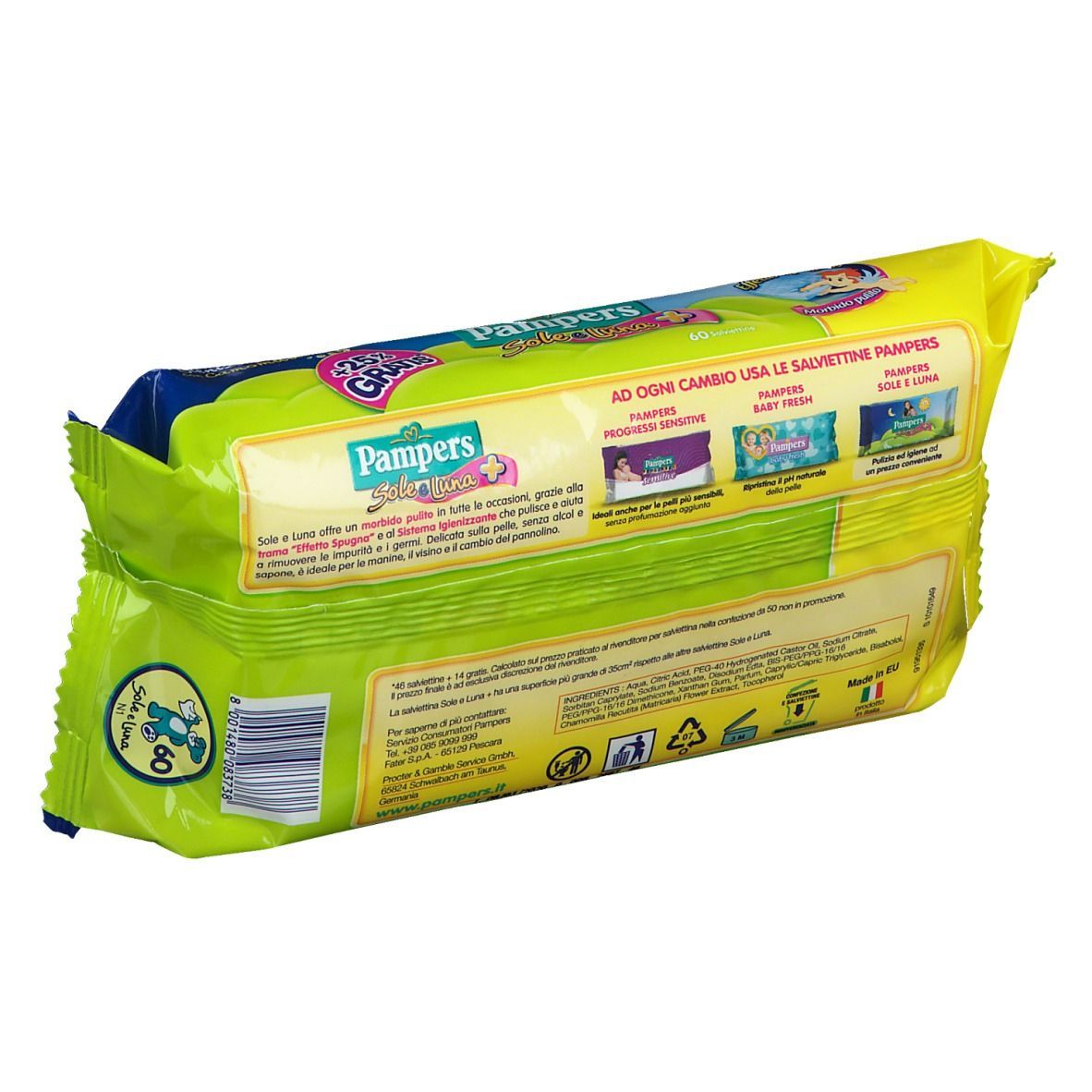Confezione Pampers Sole e Luna, vista posteriore e superiore. Confezione giallo-verde. Testo: 'Ad ogni cambio usa le salviettine Pampers'.