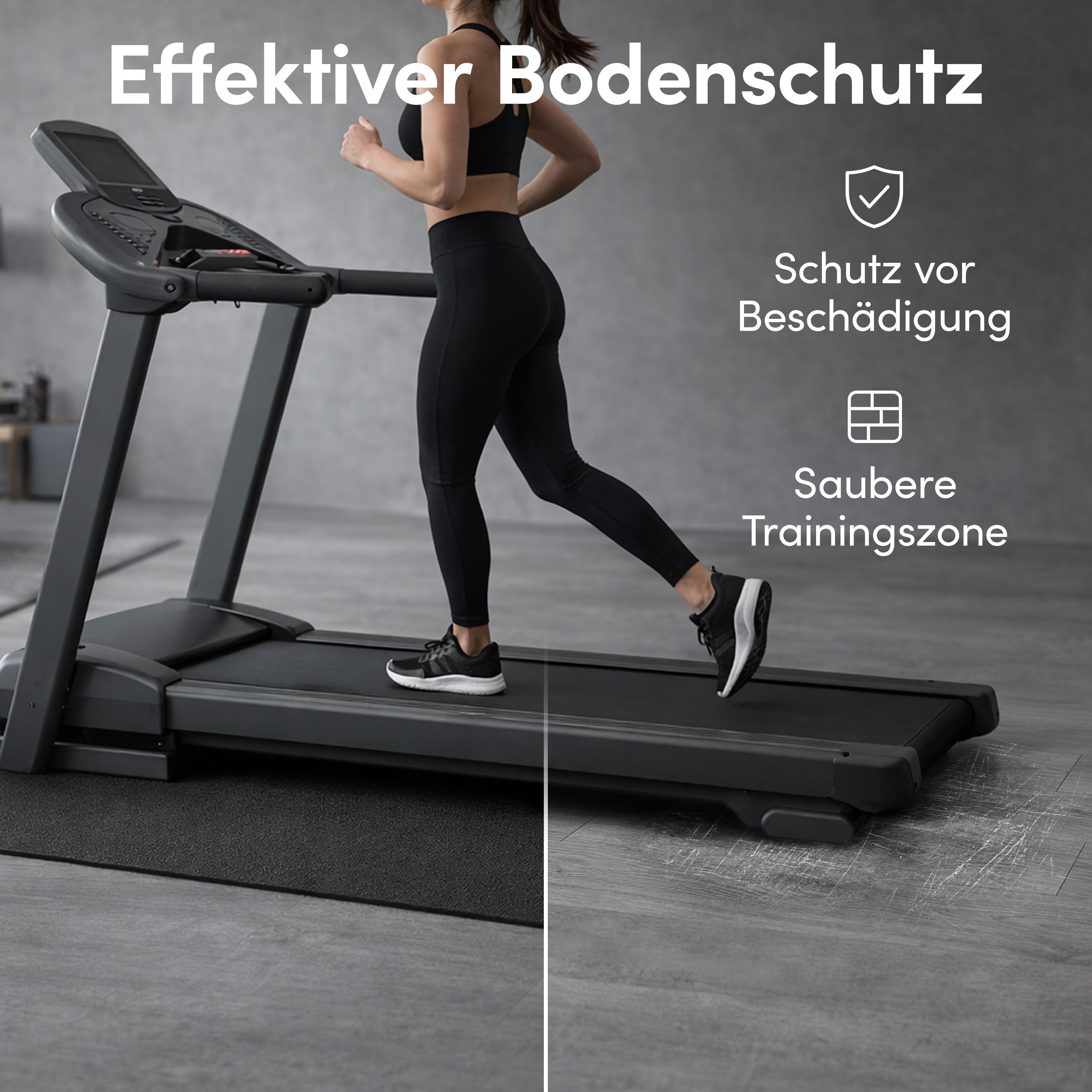 Schwarze Fitnessmatte unter einem Laufband. Text: Effektiver Bodenschutz, Schutz vor Beschädigung, saubere Trainingszone.