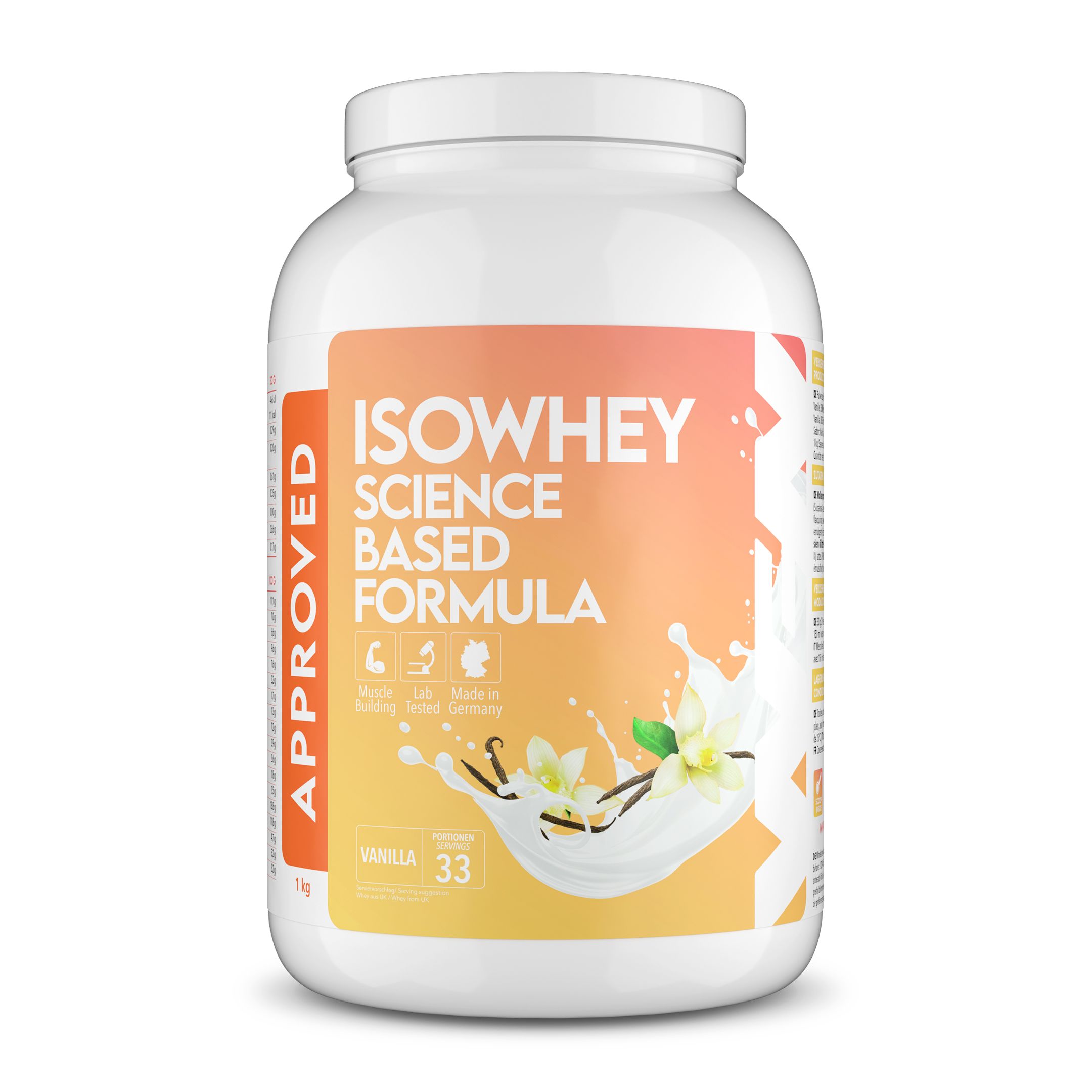 Weißer IsoWhey-Behälter. Aufschrift: ISOWHEY SCIENCE BASED FORMULA. Geschmack: Vanille. 33 Portionen. Mit APPROVED-Siegel.