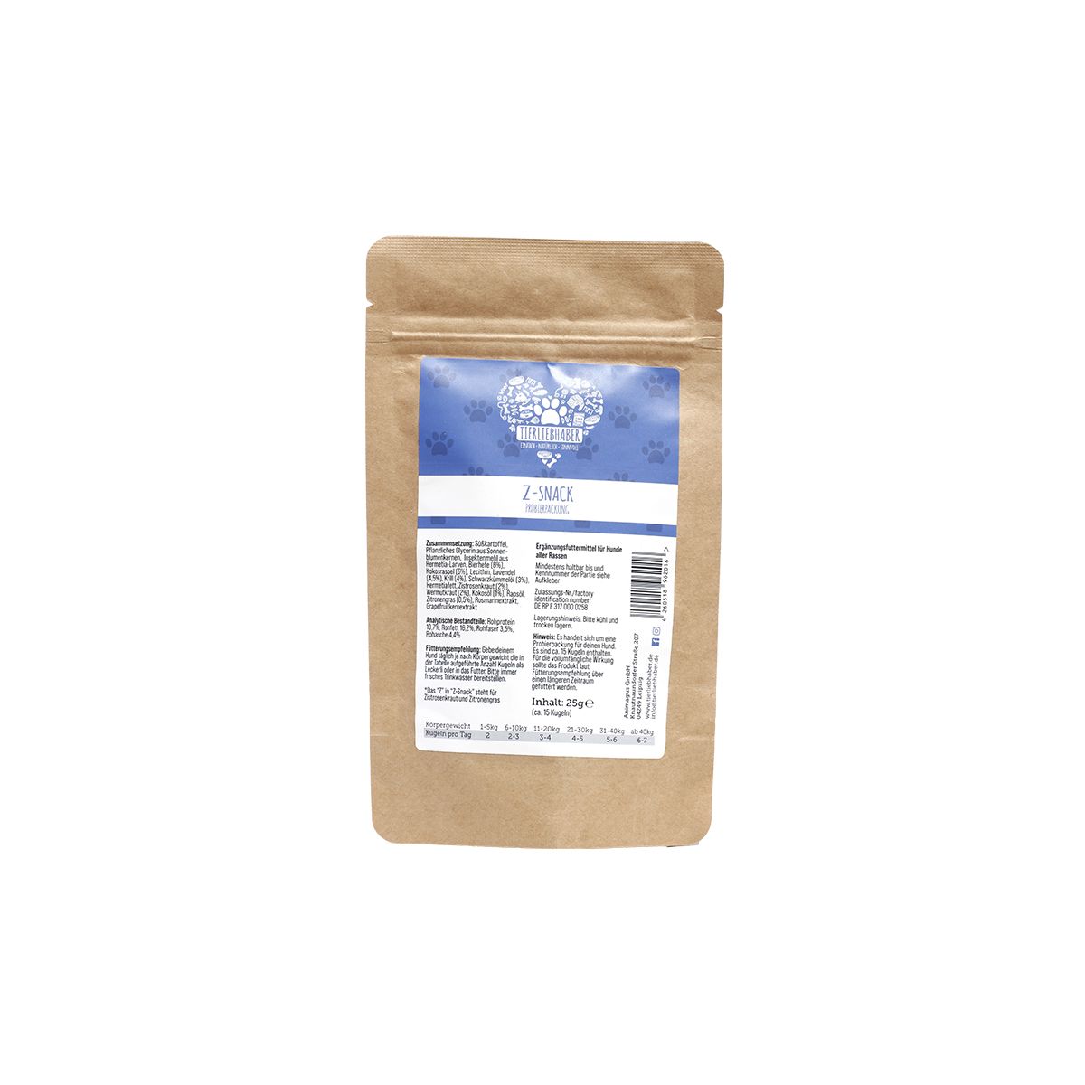 Beutel mit blauem Etikett, Text: Z-Snack, Zutatenliste, brauner Papierbeutel.