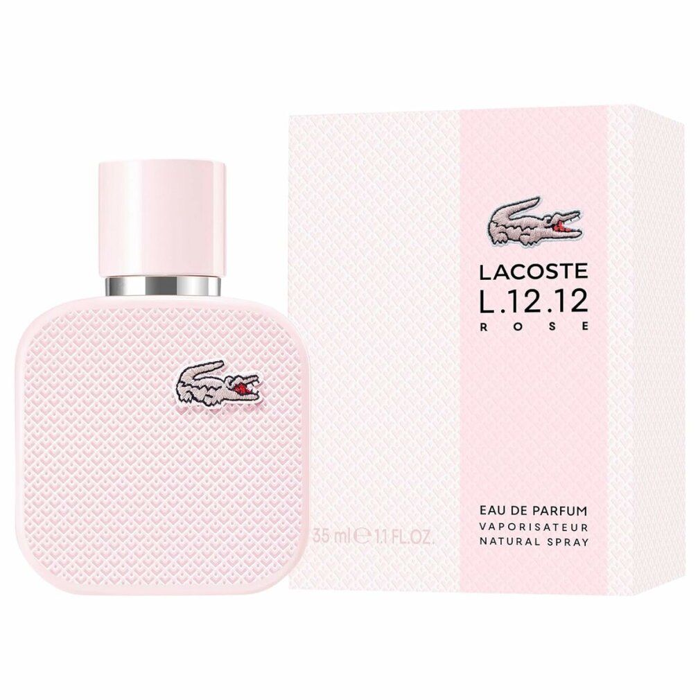 Rosa Flakon und Verpackung. Krokodil-Logo, Schriftzug L.12.12 ROSE. 35 ml.