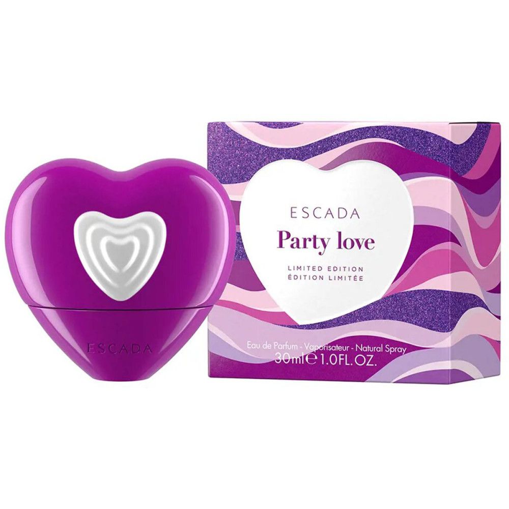 Escada Party Love EdP Nat. Spray. Lila Herzflakon mit weißem Herz. Verpackung mit Wellenmuster und Schriftzug.