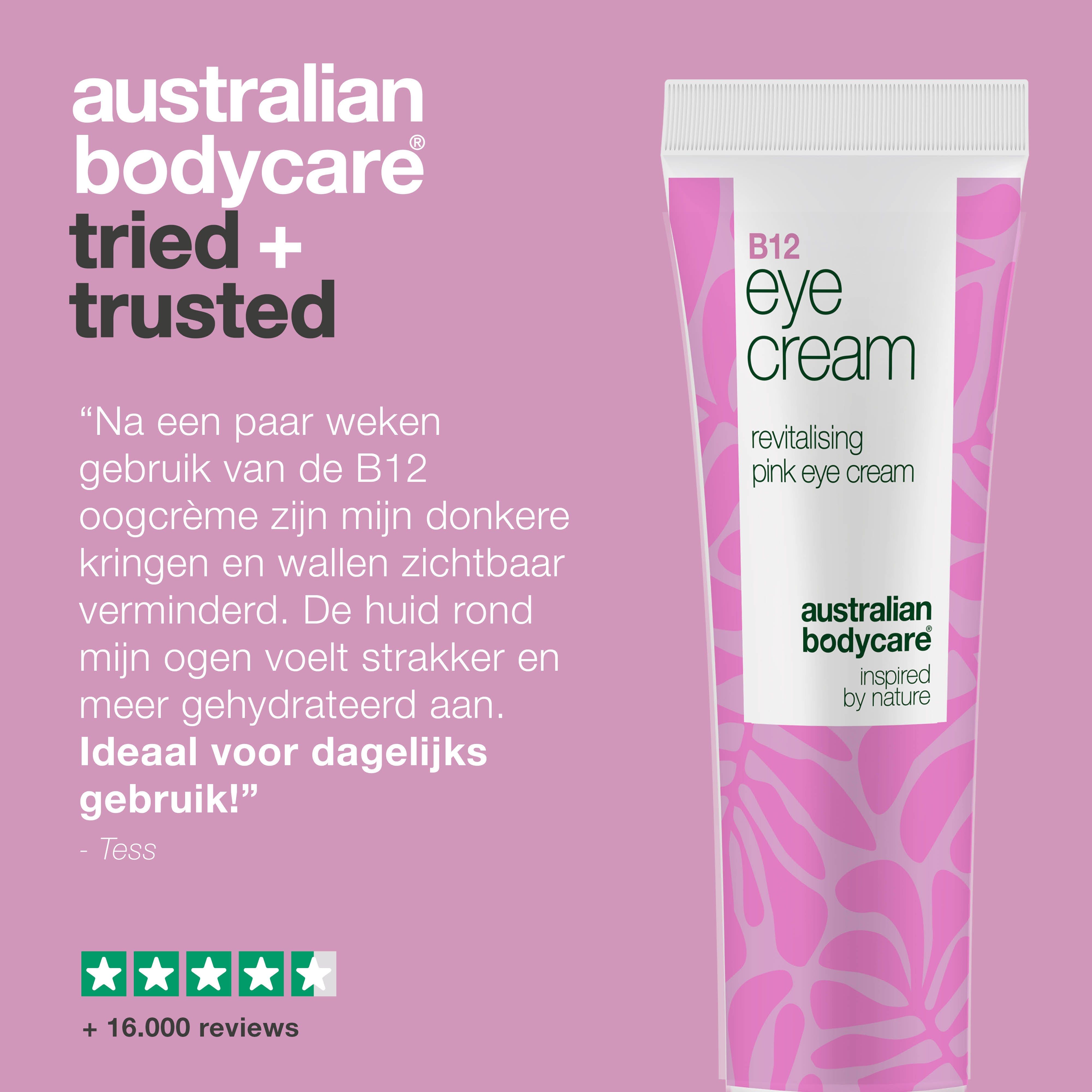 Tube oogcrème. Tekst: Na een paar weken zijn donkere kringen en wallen zichtbaar verminderd. Perfect voor dagelijks gebruik.