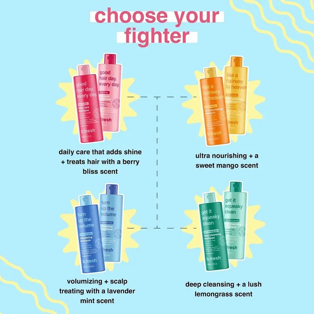 Vier Produktpaare. Jedes Paar zeigt eine Shampoo- und eine Spülungsflasche. Text: Good Hair Day. Marke: b.fresh. Verschiedene Düfte und Vorteile.