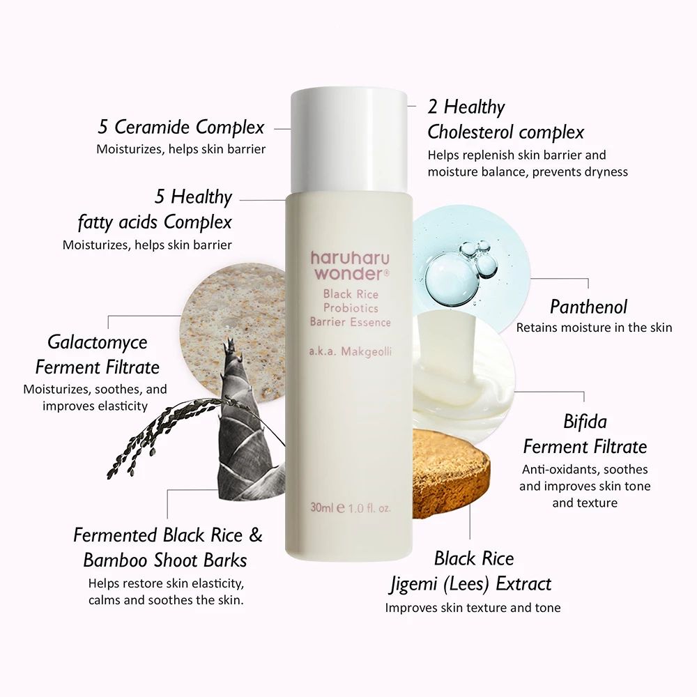 Beige Flasche mit Text und Inhaltsstoff-Grafiken. Aufschrift: haruharu wonder Black Rice Probiotics Barrier Essence. 30ml e 1.0 fl. oz.