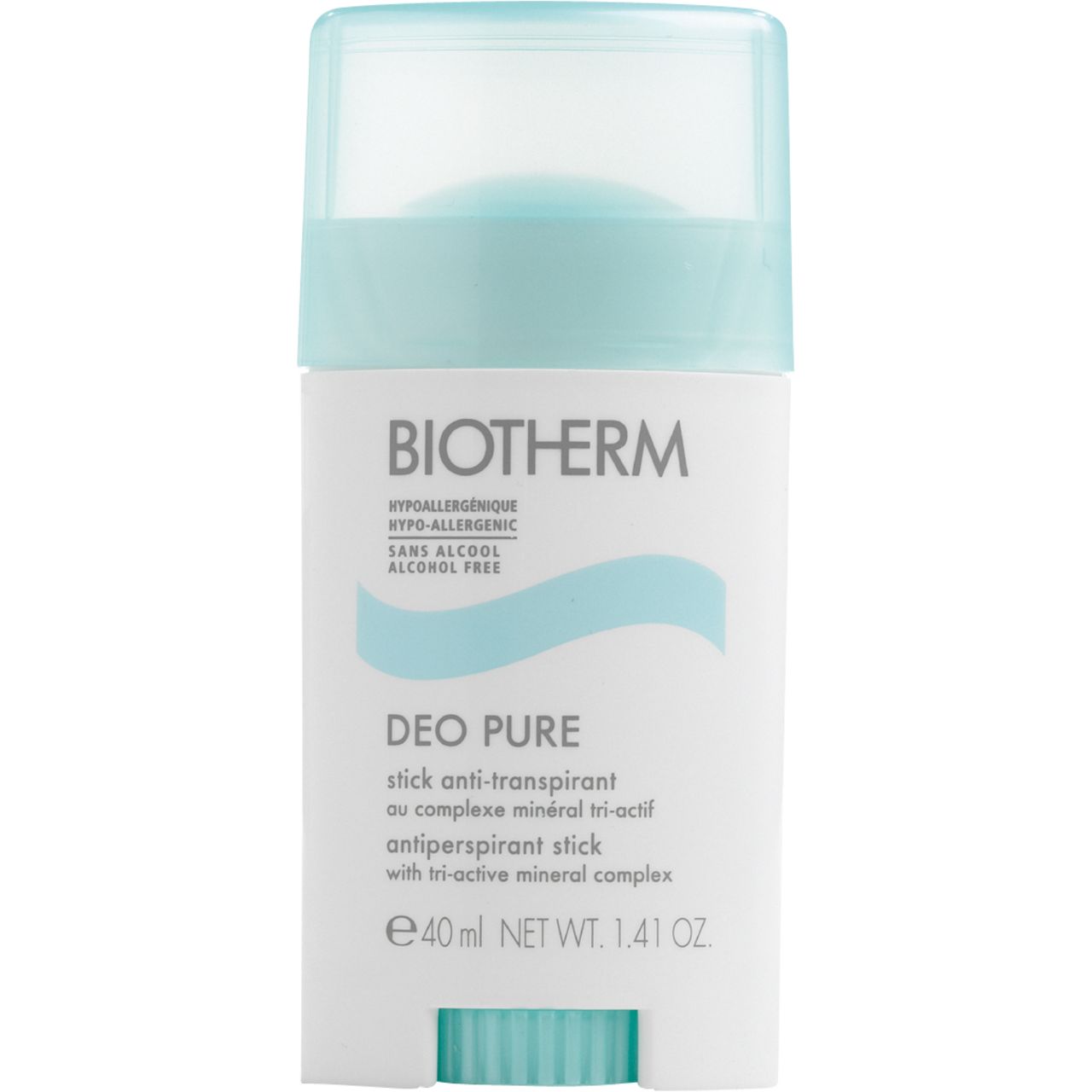 BIOTHERM Deo Pure Stick. Weißer Behälter mit hellblauem Deckel. Text: 'DEO PURE', 'hypo-allergen'.