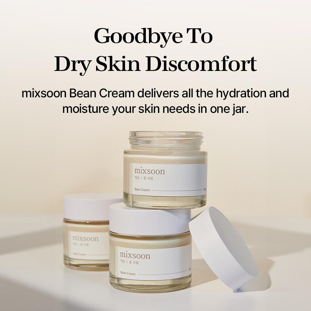 Drei Cremebehälter mit Deckel. Aufschrift: mixsoon Bean Cream. Text: Goodbye To Dry Skin Discomfort.