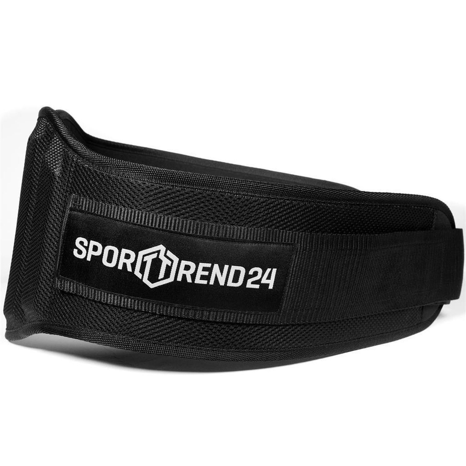 Schwarzer Gewichthebergürtel mit Label "SPORTTREND24". Der Gürtel hat eine gewebte Oberfläche.