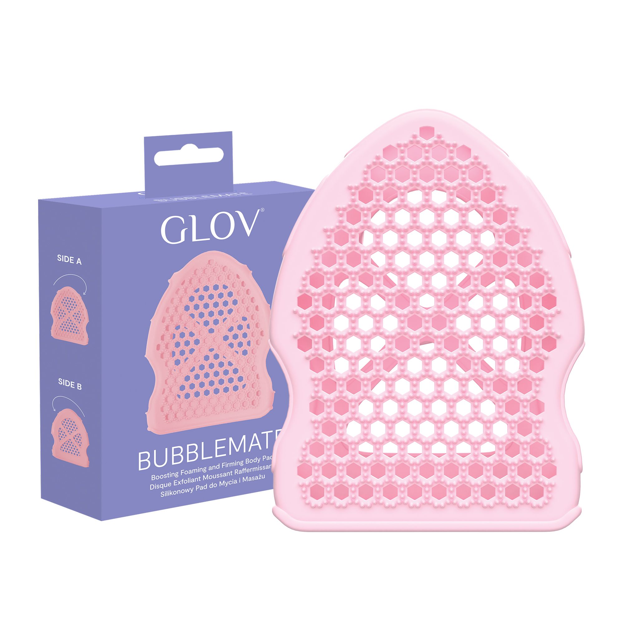 Rosa GLOV Bubblemate mit wabenartiger Struktur, umgeben von Schaum.