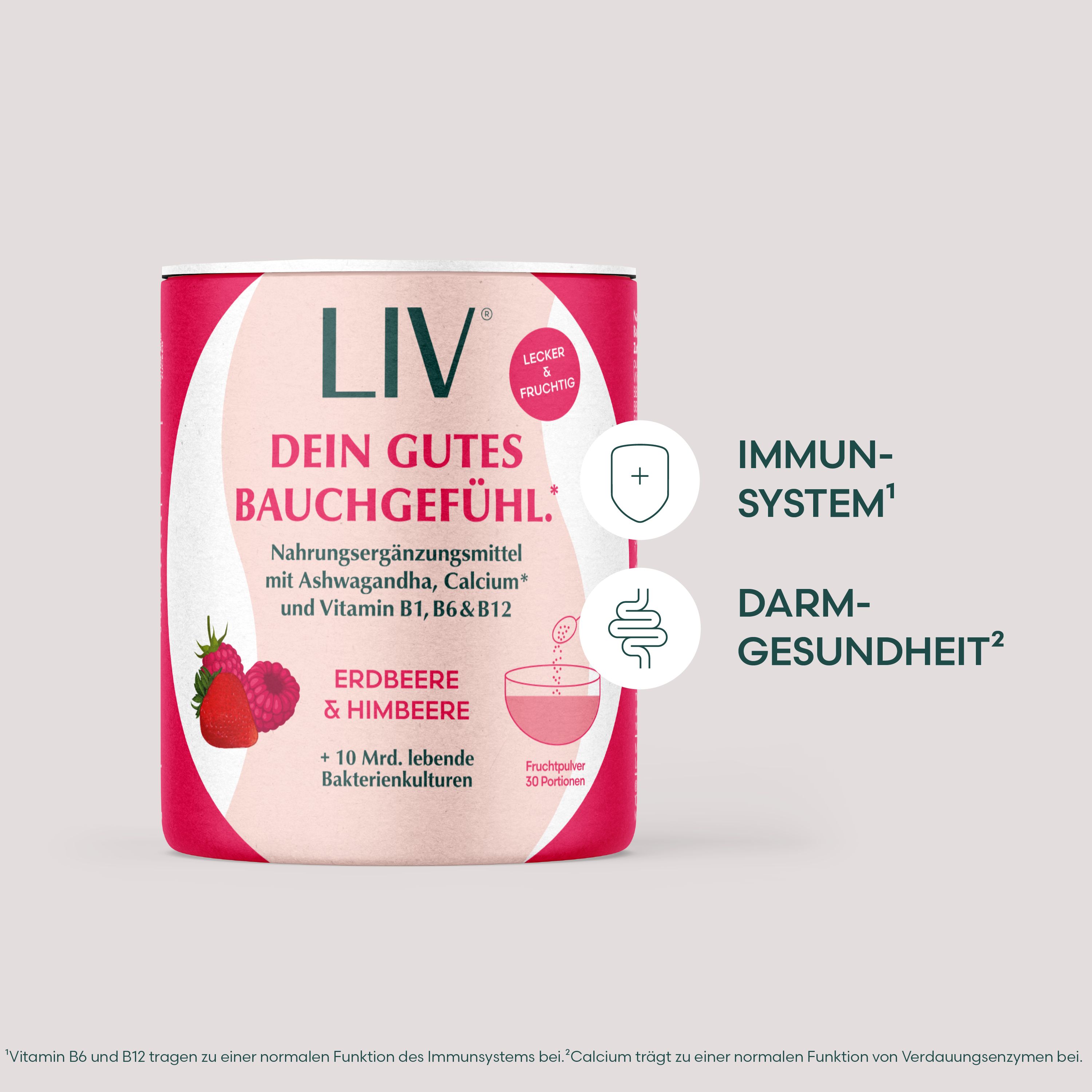 LIV Darmkur | Himbeere Erdbeere aus ganzen Früchten, mit Bakterienkulturen und Ashwagandha KSM-66®