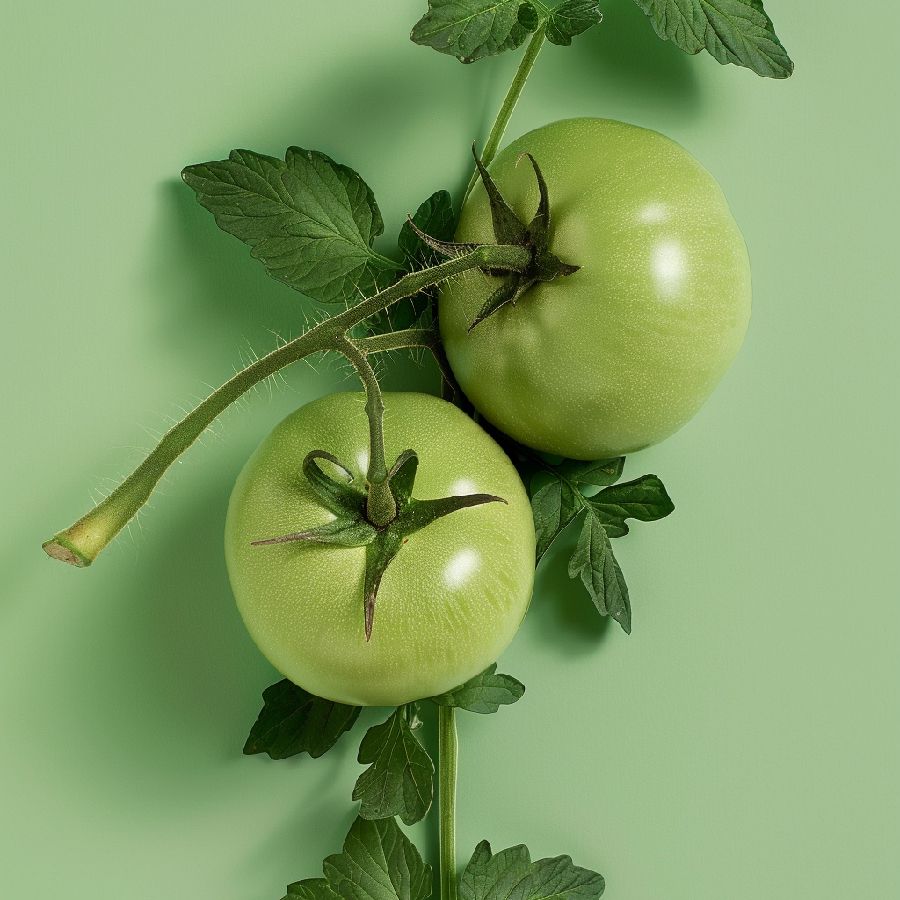 Zwei grüne Tomaten an einem Zweig mit Blättern. Hintergrund: hellgrün.