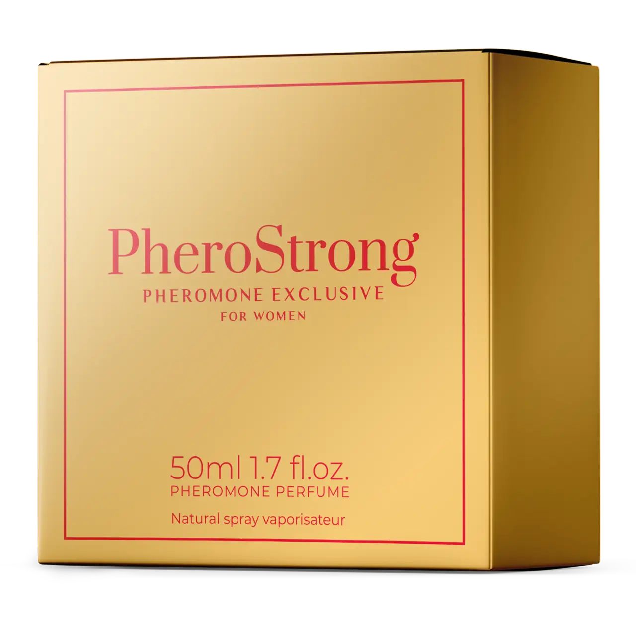 Goldfarbene Verpackung mit roter Schrift. Aufschrift PheroStrong, Pheromone Exclusive for Women. 50ml Flasche. Natürlicher Spray-Verdampfer.