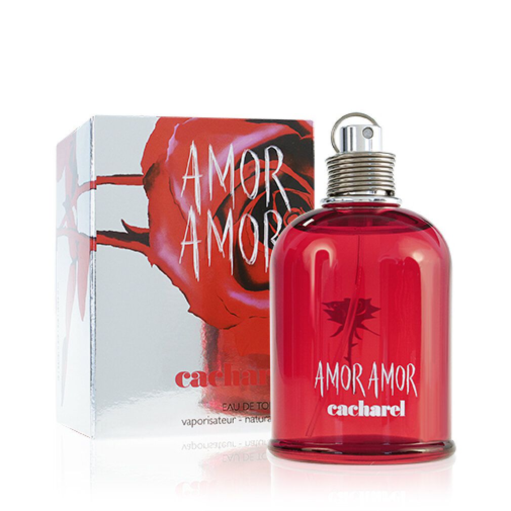 Roter Flakon und Verpackung. Aufschrift: AMOR AMOR, darunter cacharel. Rose-Design. Eau de Toilette.