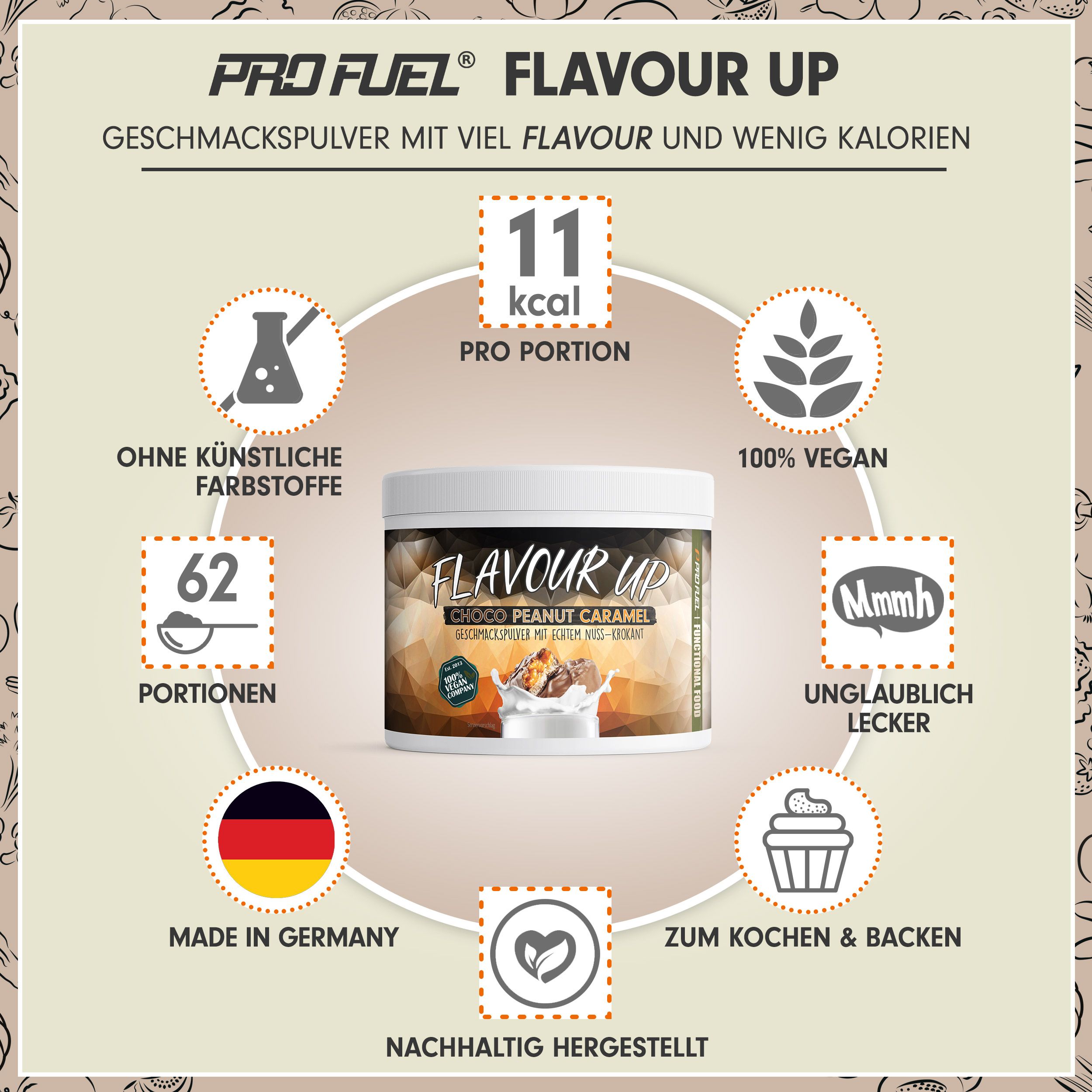 ProFuel - Flavour UP Geschmackspulver Choco Peanut Caramel nur 11 kcal pro Portion 250 g Pulver