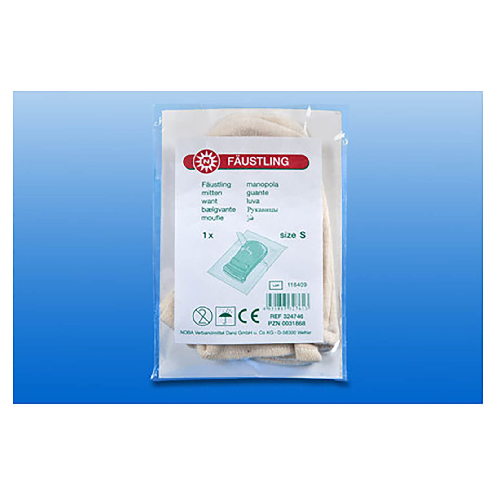 Verpackung mit zwei Fäustlingen. Produktname und Größenangabe auf der Verpackung.