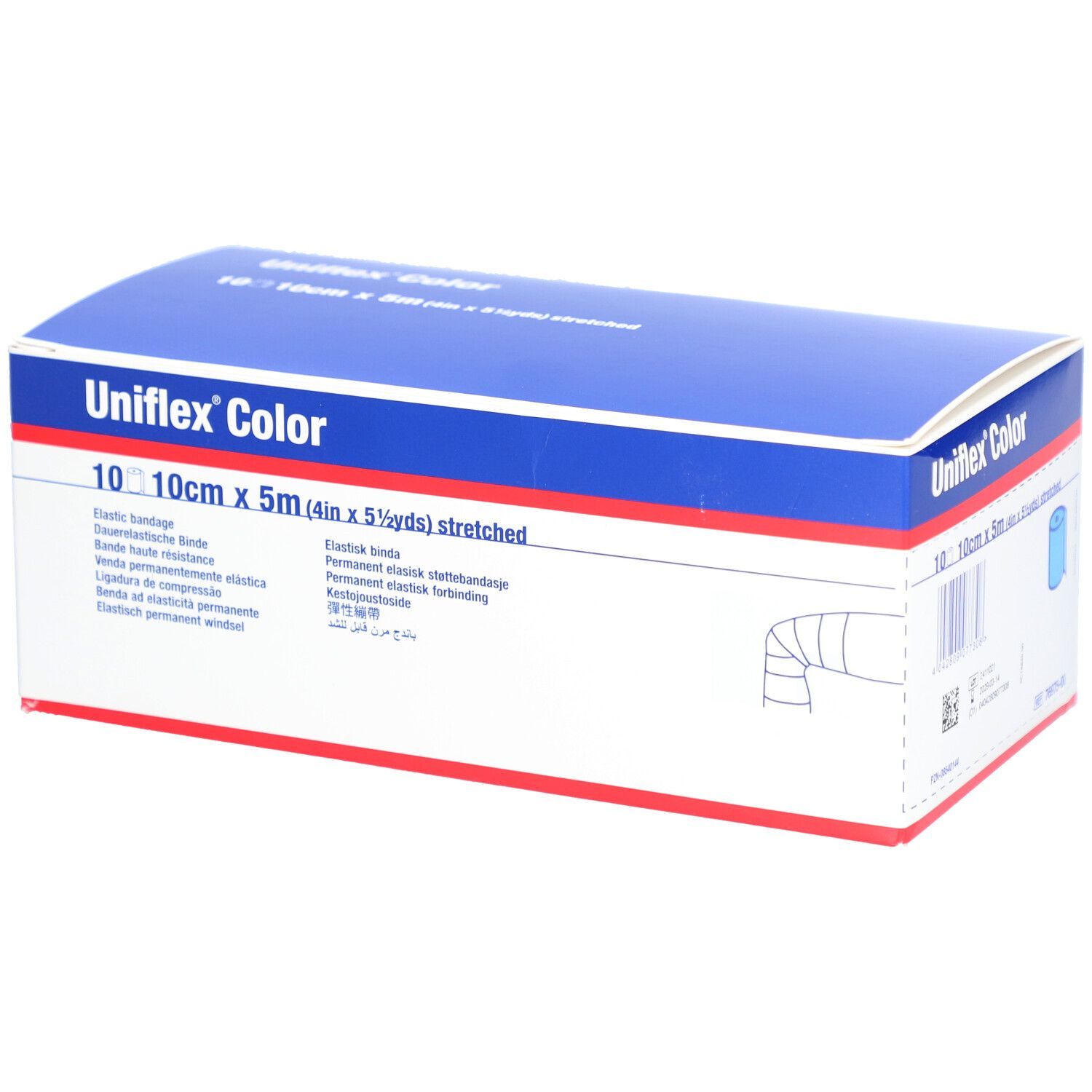 Uniflex Color Verpackung. Blaue und weiße Schachtel. Produktinformationen, Größenangabe: 10 cm x 5 m. Illustration.