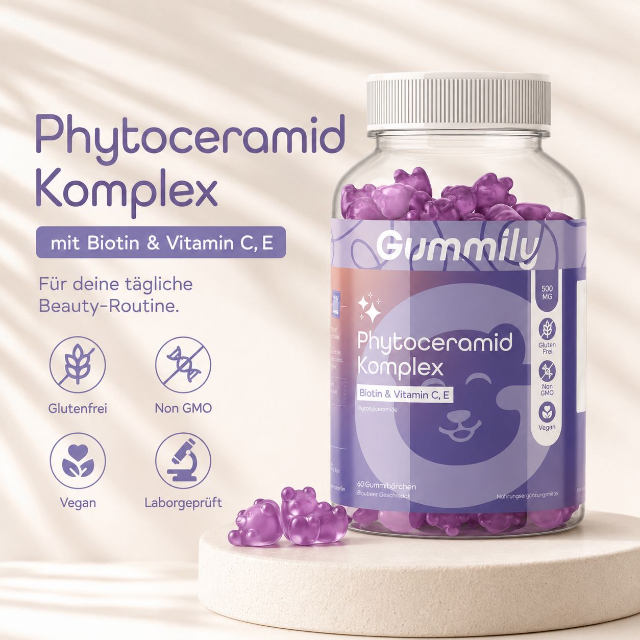 Flasche mit lila Gummibärchen, Phytoceramid Komplex mit Biotin & Vitamin C, E. Glutenfrei, Non GMO, Vegan, Laborgeprüft.