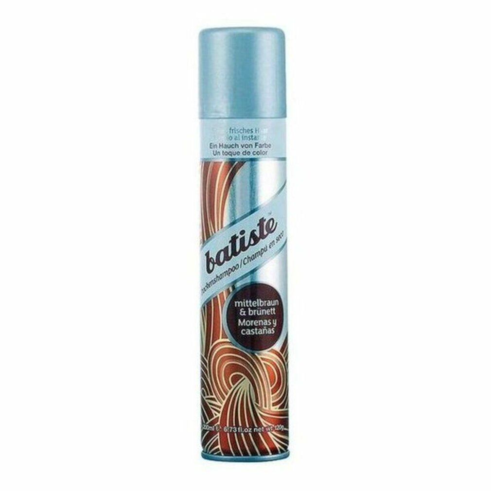 Trockenshampoo-Flasche, blau-braun. Aufschrift: Batiste, Trockenshampoo/Champing sec, Mittelbraun & brnett, Morenas y castaas.