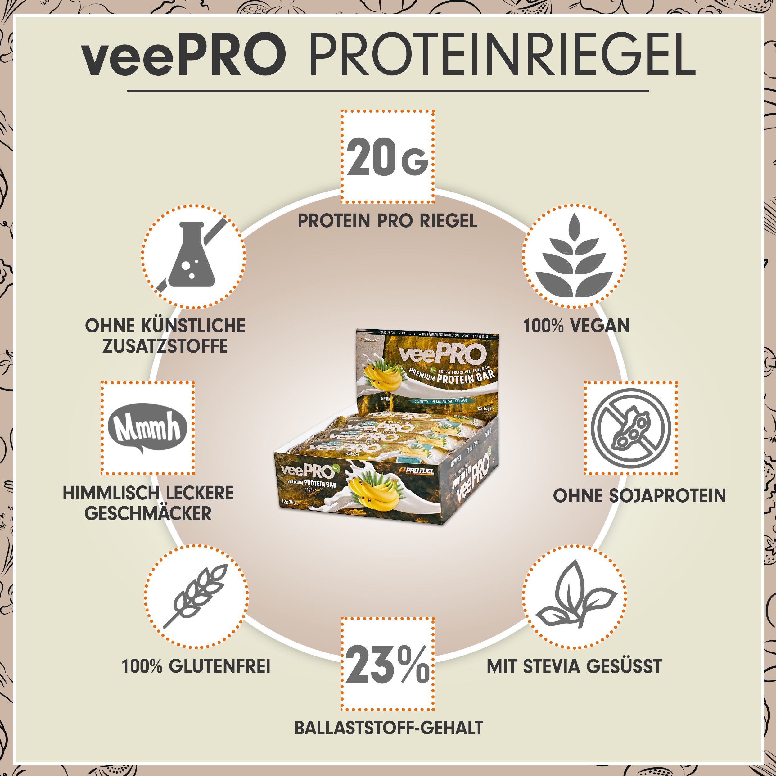 ProFuel - veePRO Proteinriegel Banane 27% Protein, ballaststoffreich, zuckerarm & 100% vegan 12x74 g Riegel