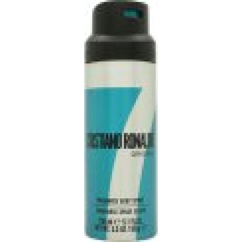 Cristiano Ronaldo 7Origins Body Spray: Silberne Dose mit türkisfarbenem Design und der Zahl 7.
