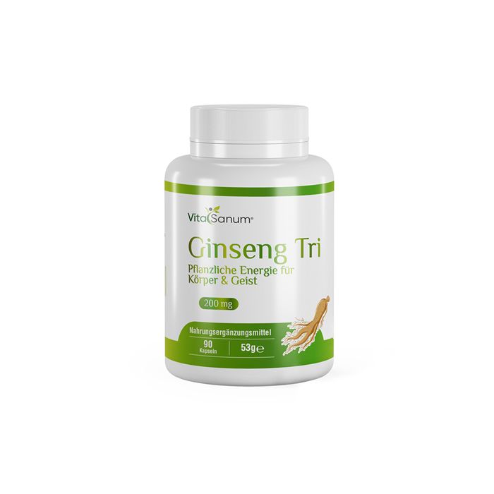 Weiße Flasche mit grünem Etikett. Aufschrift: VitaSanum Ginseng Tri, 200 mg, 90 Kapseln. Abbildung einer Ginsengwurzel.