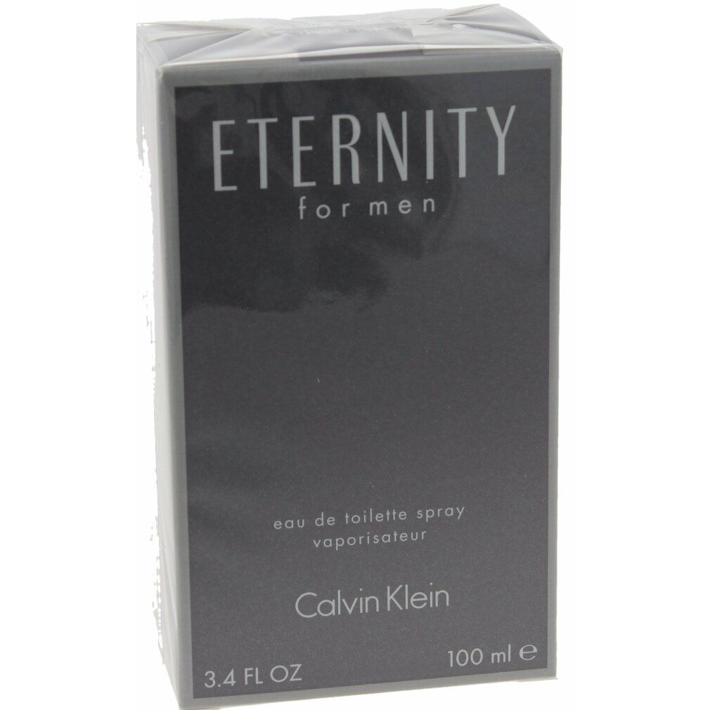 Dunkelgraue Verpackung mit "Eternity for men" und "Calvin Klein" Schriftzug. 3.4 FL OZ und 100 ml.