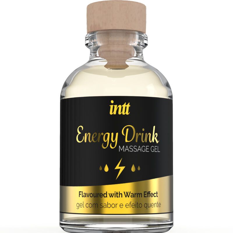 Glasflasche mit Holzverschluss. Schwarzes Etikett mit goldener Schrift: intt Energy Drink Massage Gel. Mit warmem Effekt.