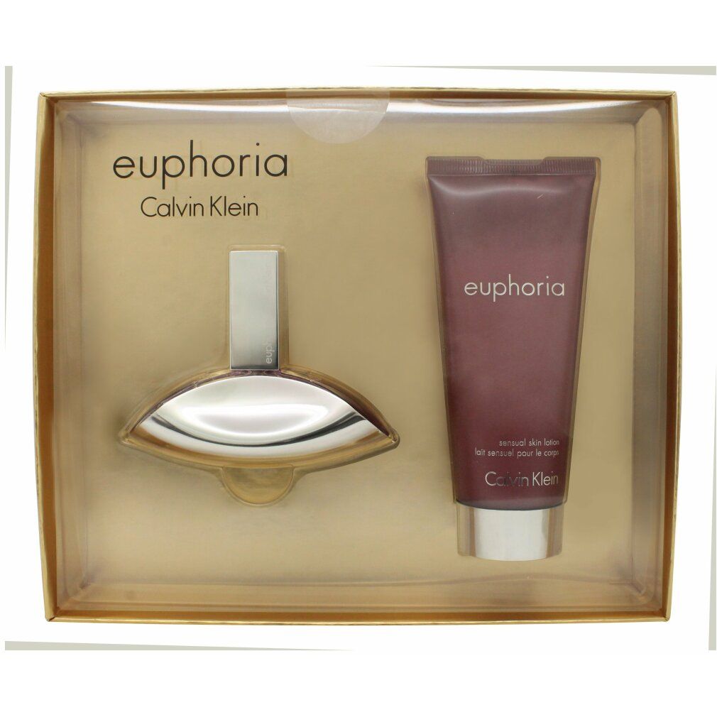 Geschenkset mit Parfüm und Körperlotion. Parfümflakon mit silbernem Deckel. Körperlotion in rosa Tube. Verpackung mit Markenname.