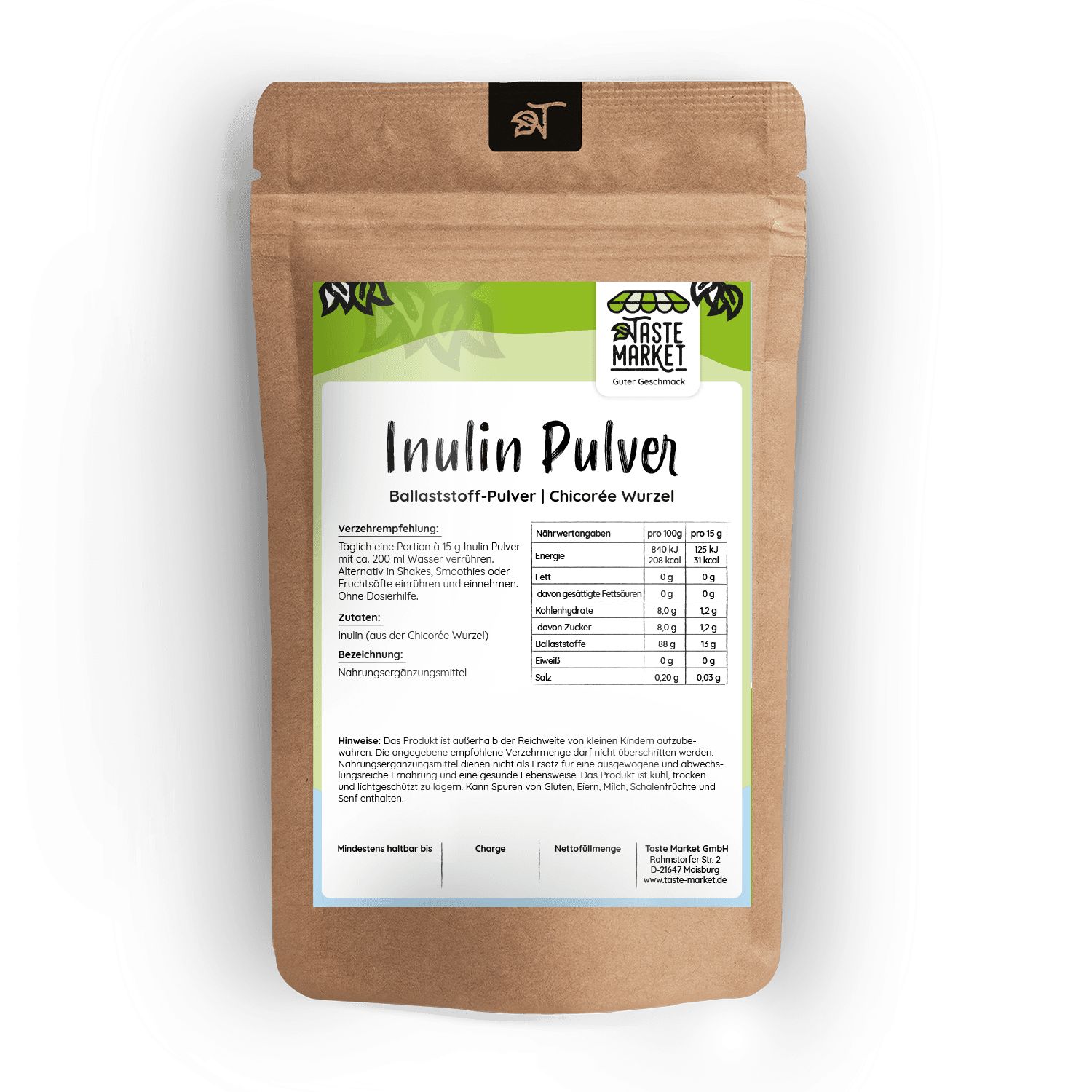 Beutel mit Inulin Pulver. Aufschrift: Taste Market, Inulin Pulver, Chicorée Wurzel. Nährwertangaben auf der Verpackung.