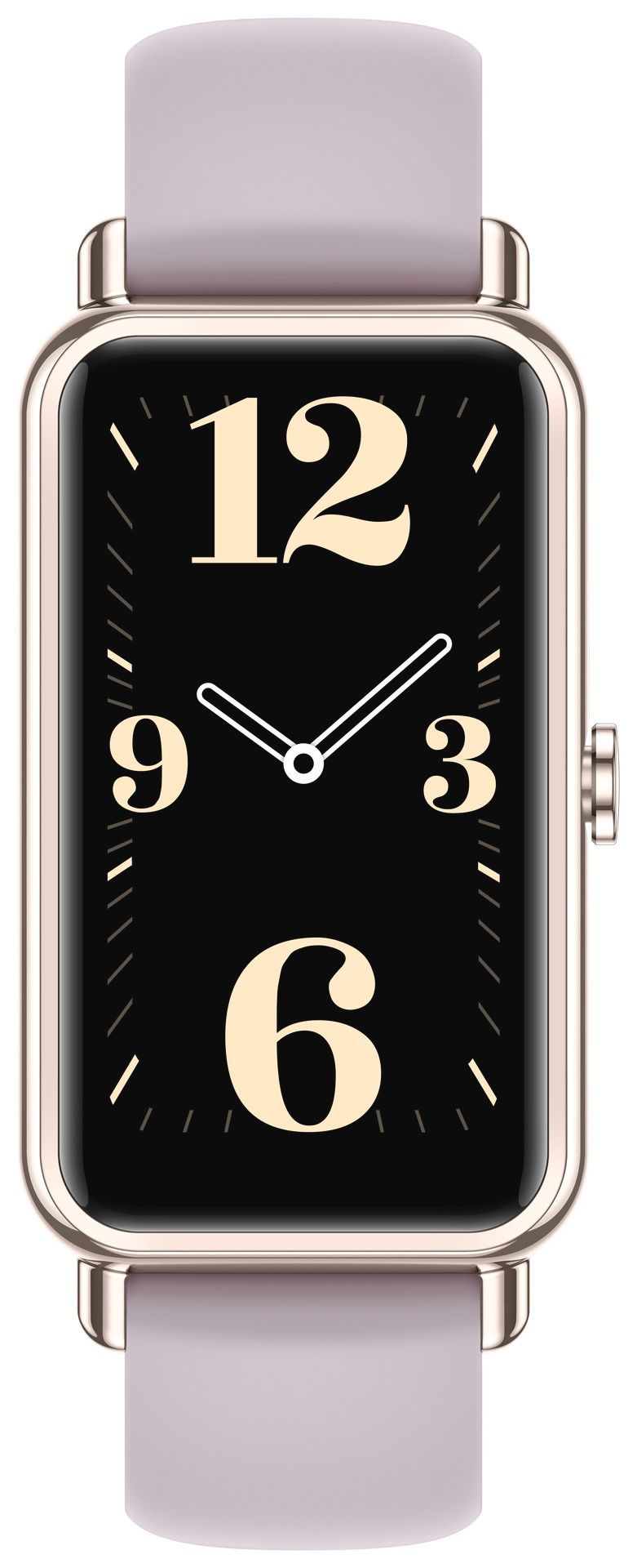 Nahaufnahme der Smartwatch mit Ziffernblatt. Ziffern 12, 3, 6, 9. Gehäuse goldfarben, Armband violett.