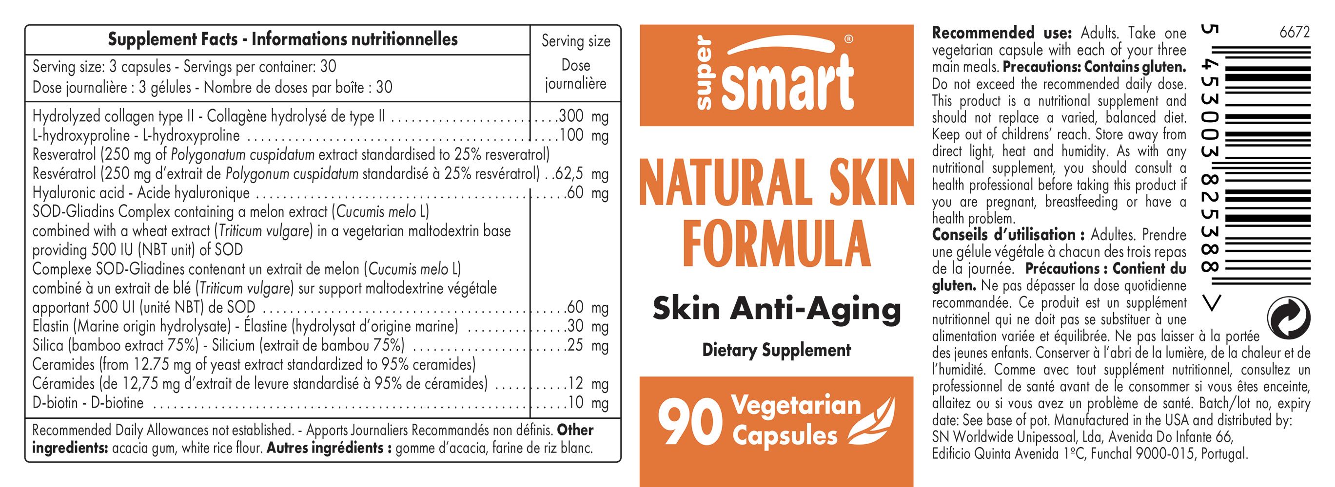 Etikett mit Text. "Natural Skin Formula", "Skin Anti-Aging" und "90 Vegetarian Capsules" sind sichtbar.