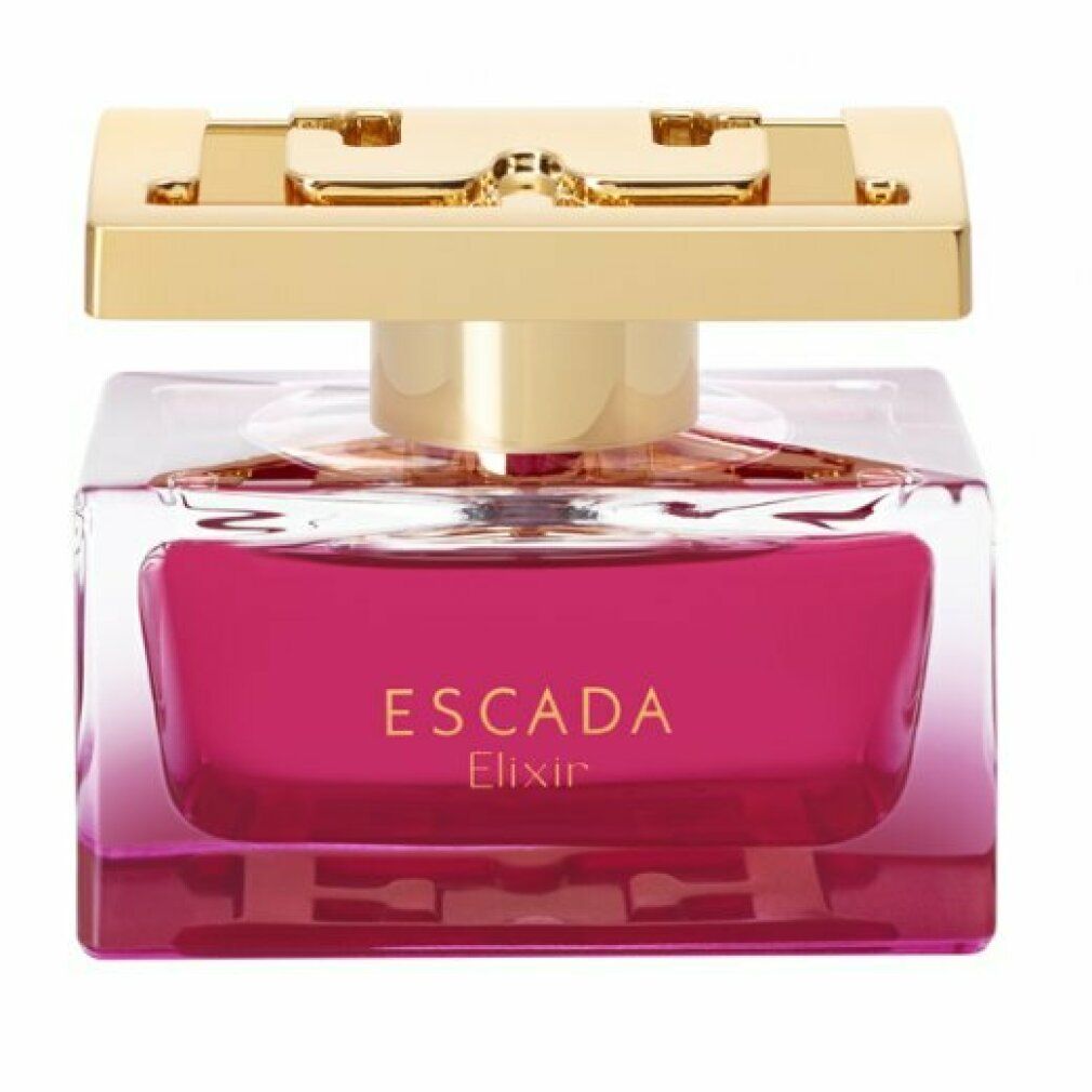 Quadratischer Flakon mit rosa Flüssigkeit. Goldfarbener Verschluss. Aufschrift ESCADA Elixir.