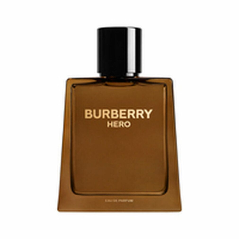 Burberry Hero E.d.P. Nat. Spray. Eckiger Flakon, braunes Glas, schwarzer Deckel. Goldener Schriftzug.