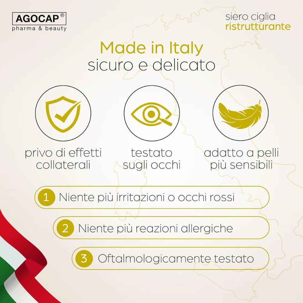 Informationen: Hergestellt in Italien, sicher und sanft. Agocap-Logo und Produktname.