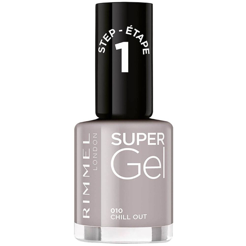 Nagellackflasche mit schwarzem Deckel. Aufschrift: Super Gel, 010 Chill Out. Marke: Rimmel London. Deckel mit Aufschrift: Step 1.